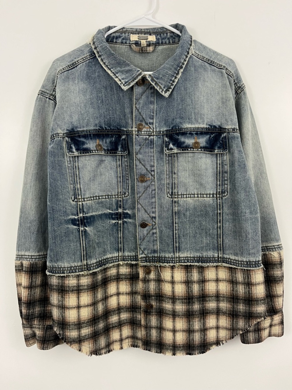 Gimmicks Denim & Plaid Shacket Jacket Women’s L Oversized Distressed Raw Hem